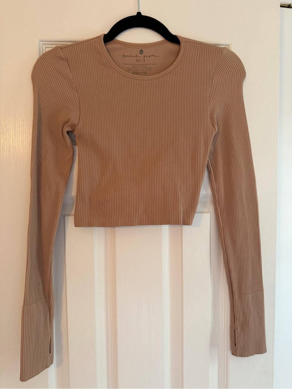 Spiritual Gangster Ribbed Long Sleeve Crop Top - Taupe Open Twist Back